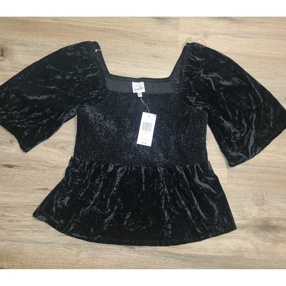 NWT Belle Du Jour size L Velvet Smocked Peplum Top Blouse Ruffle